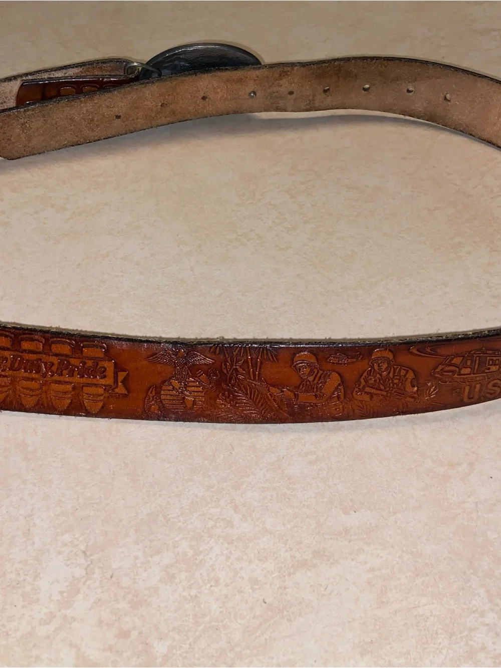 USMC Embossed Brown Leather Belt with Metal Buckle